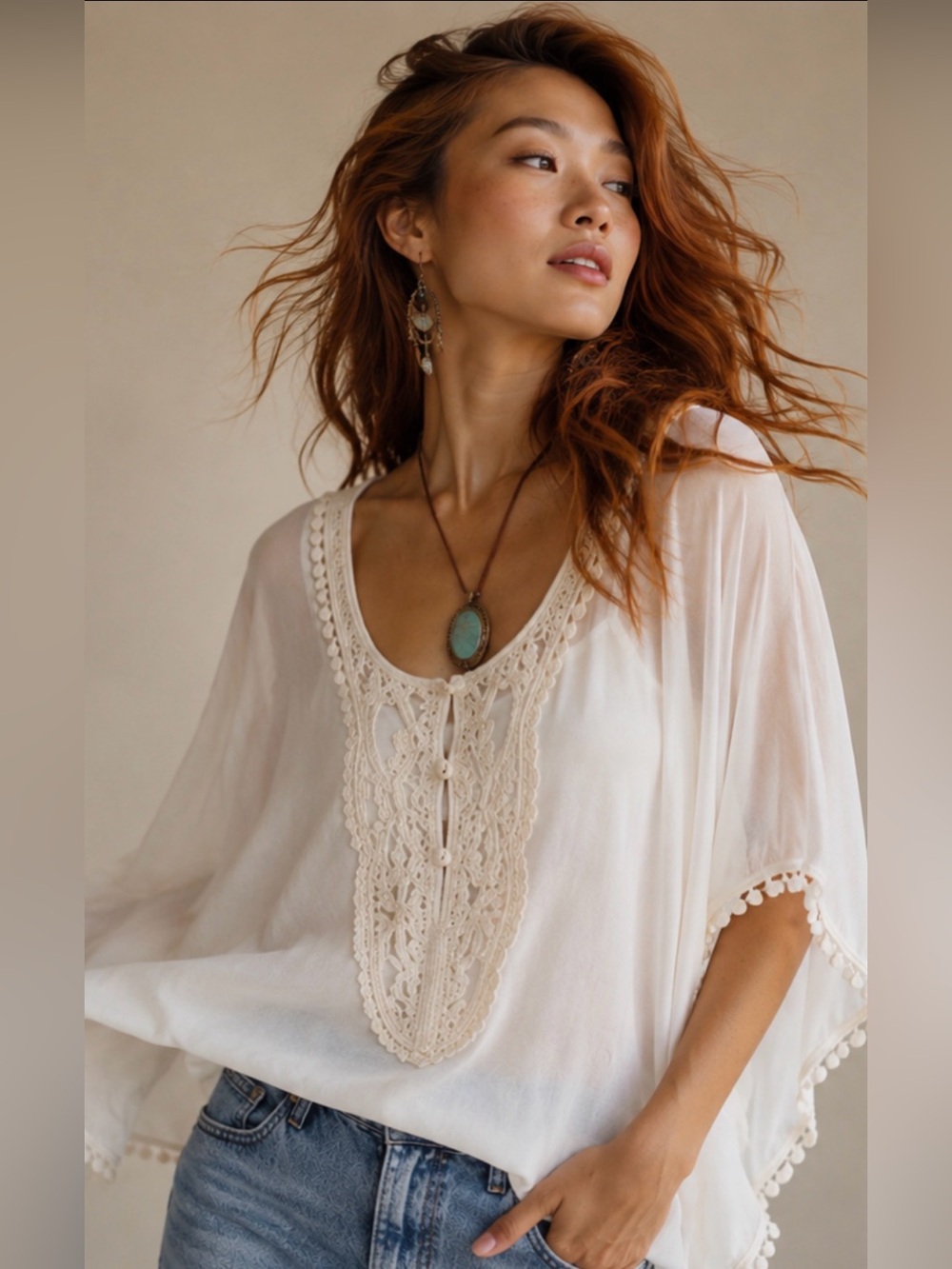 love J Cream Sheer Crochet-Trim Blouse